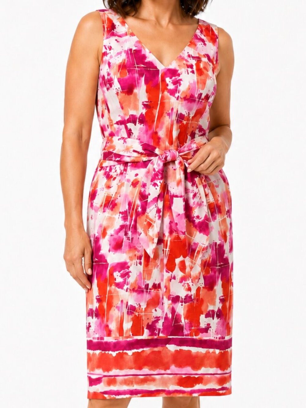 Aidan Mattox Pink Orange Watercolor Cotton Belted Dress Size 14